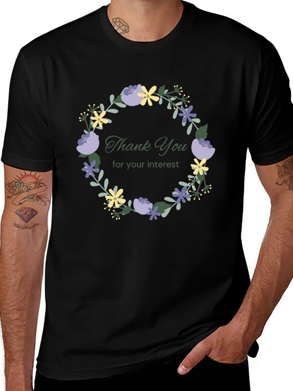 Floral Wreath Thank You Graphic Tee - Black