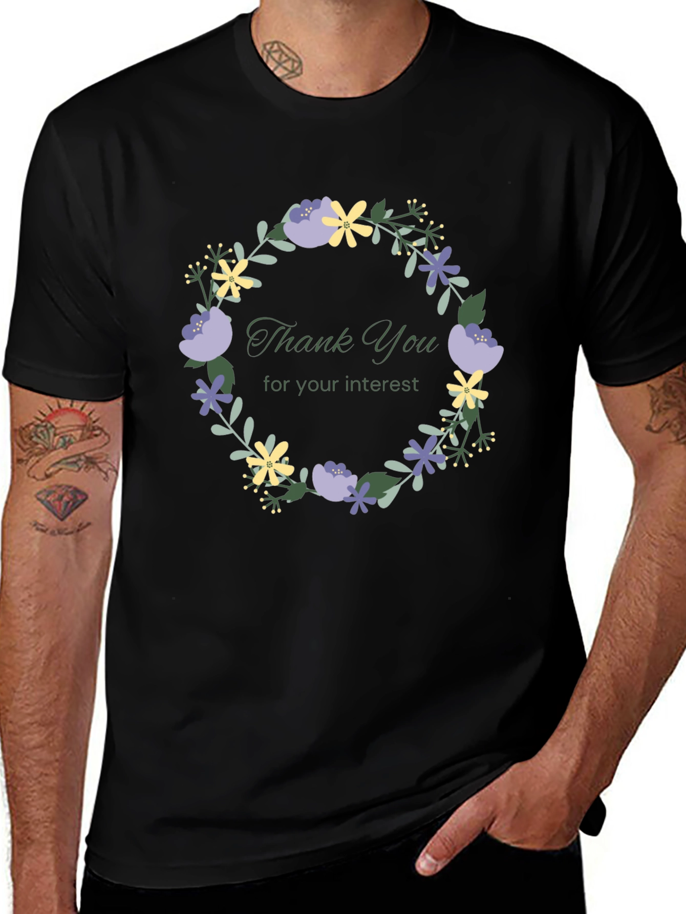 Floral Wreath Thank You Graphic Tee - Black
