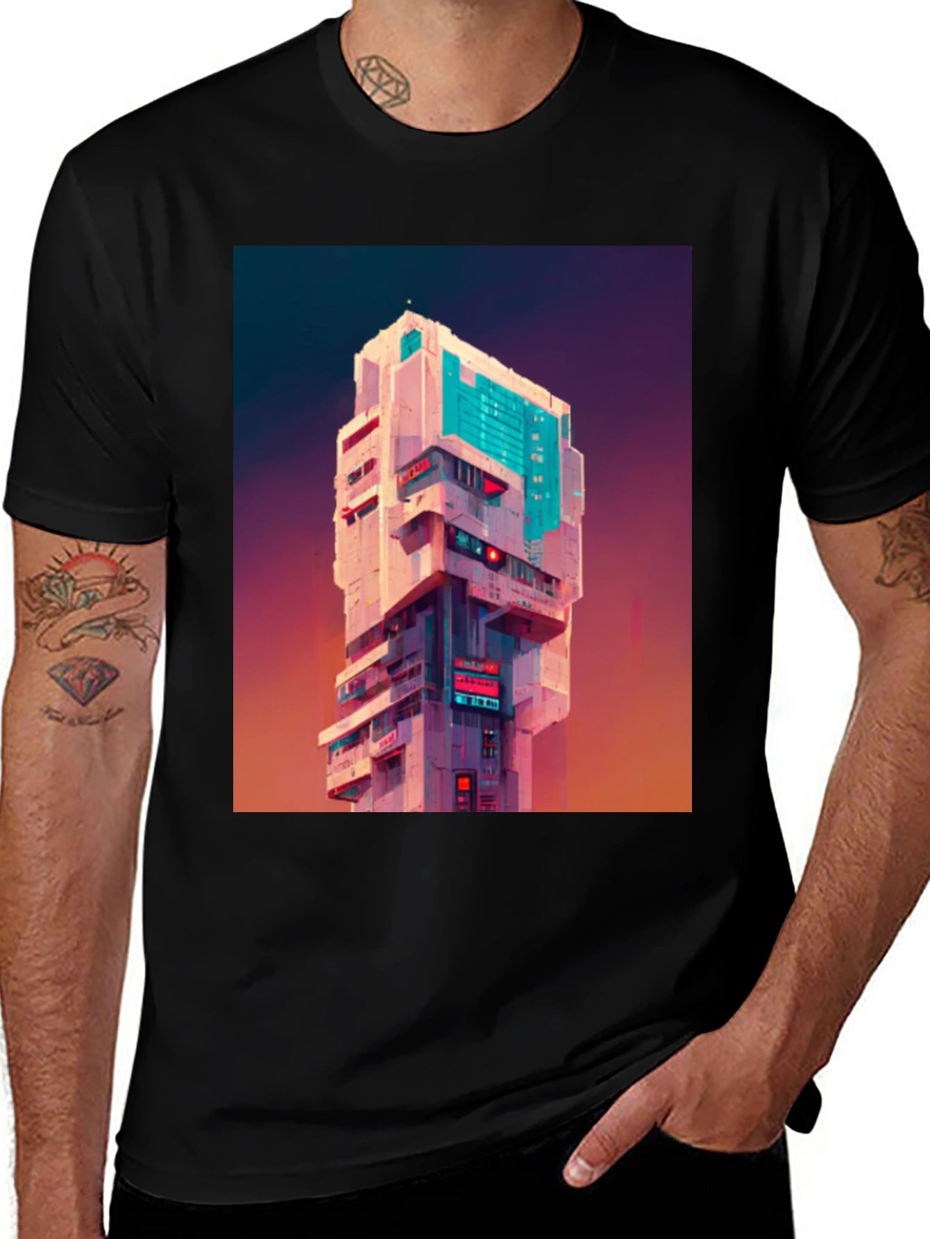 Cyberpunk Building Graphic Tee - Black T-Shirt