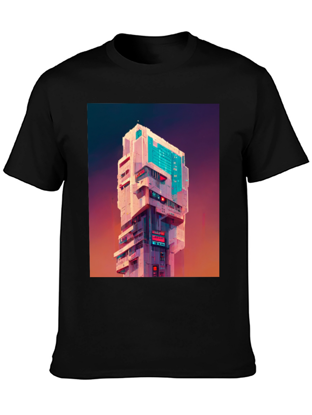 Cyberpunk Building Graphic Tee - Black T-Shirt