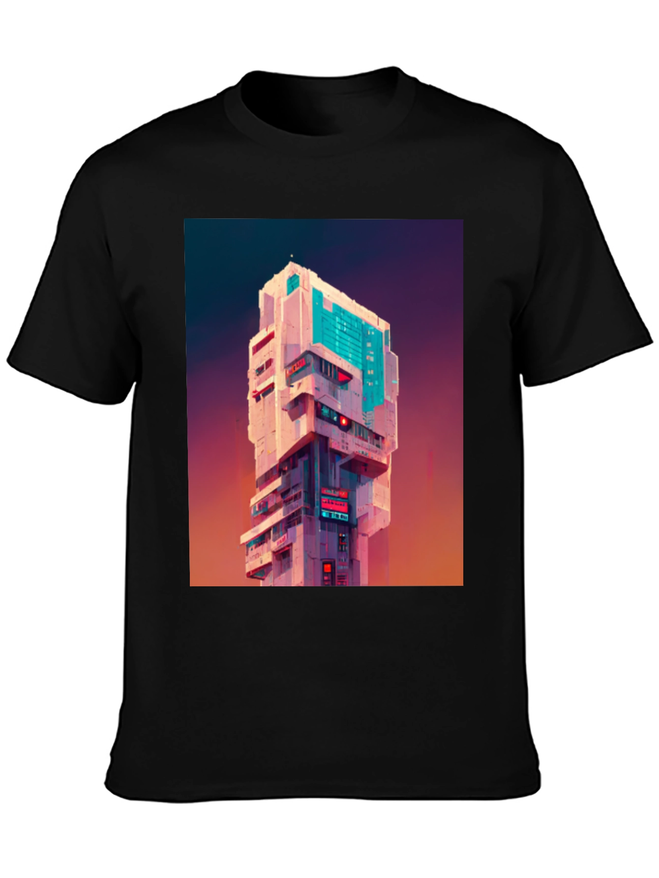 Cyberpunk Building Graphic Tee - Black T-Shirt