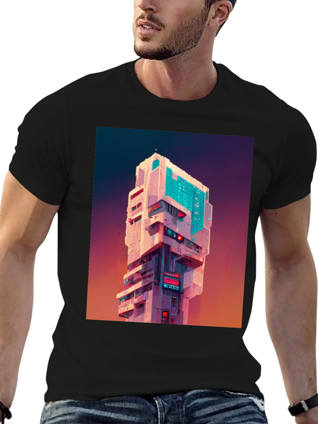 Cyberpunk Building Graphic Tee - Black T-Shirt