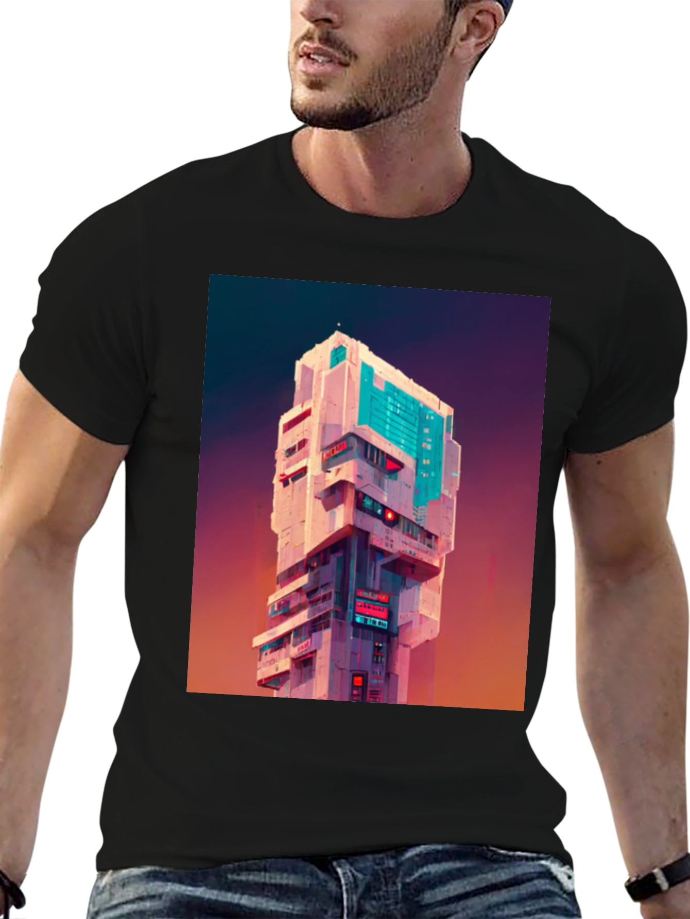 Cyberpunk Building Graphic Tee - Black T-Shirt