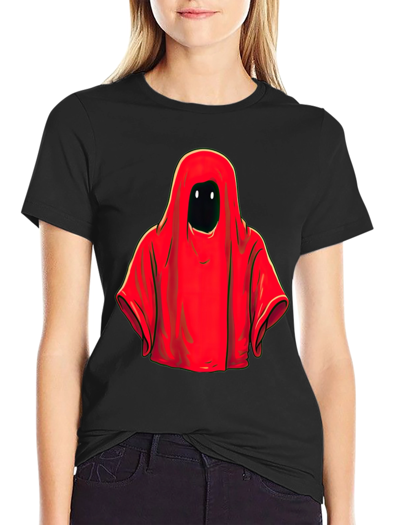 Red Hooded Figure Graphic Tee - Unisex Black T-Shirt
