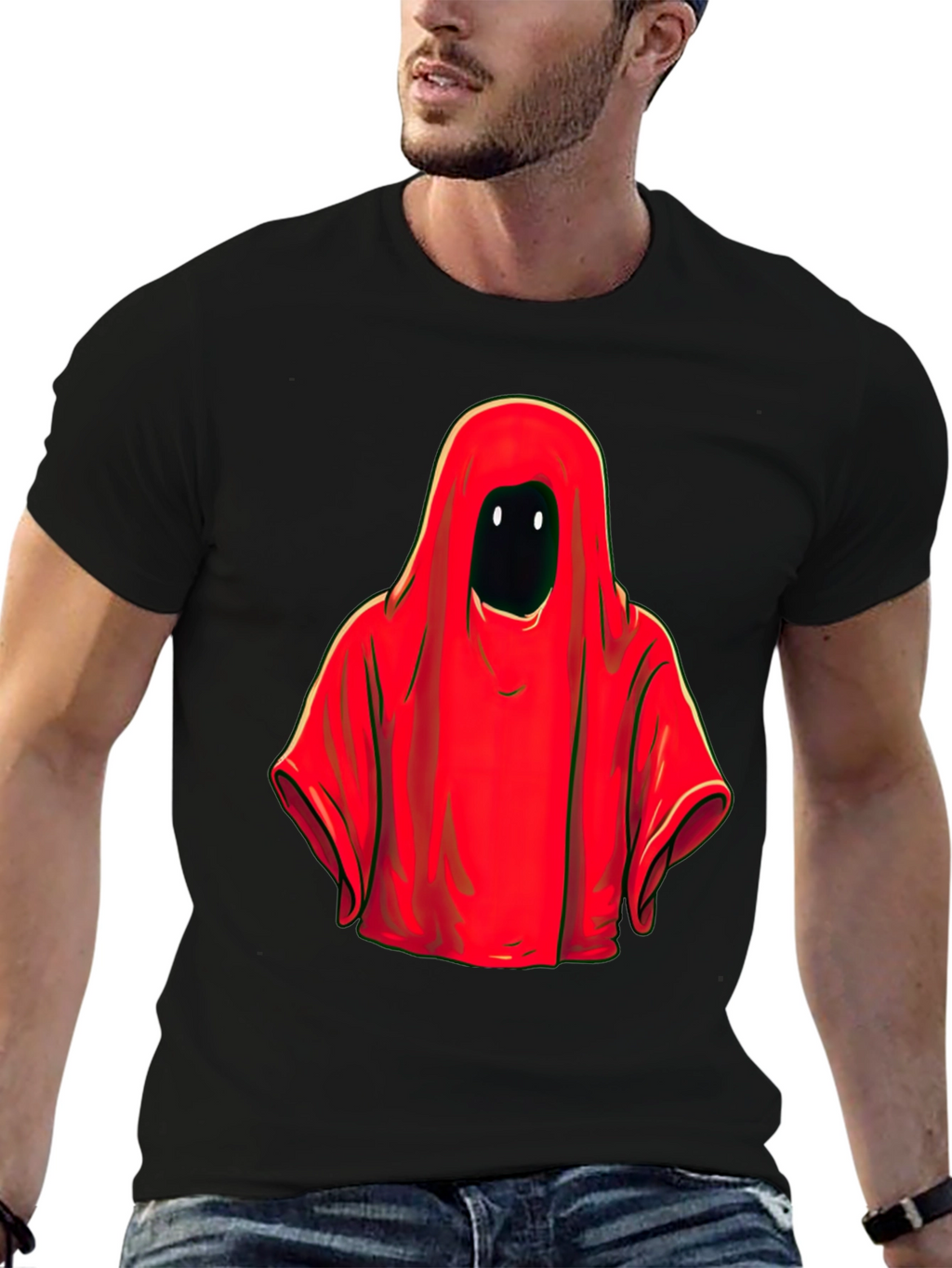 Red Hooded Figure Graphic Tee - Unisex Black T-Shirt