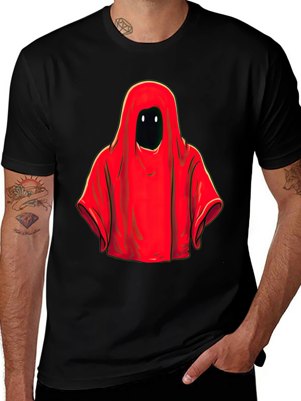 Red Hooded Figure Graphic Tee - Unisex Black T-Shirt