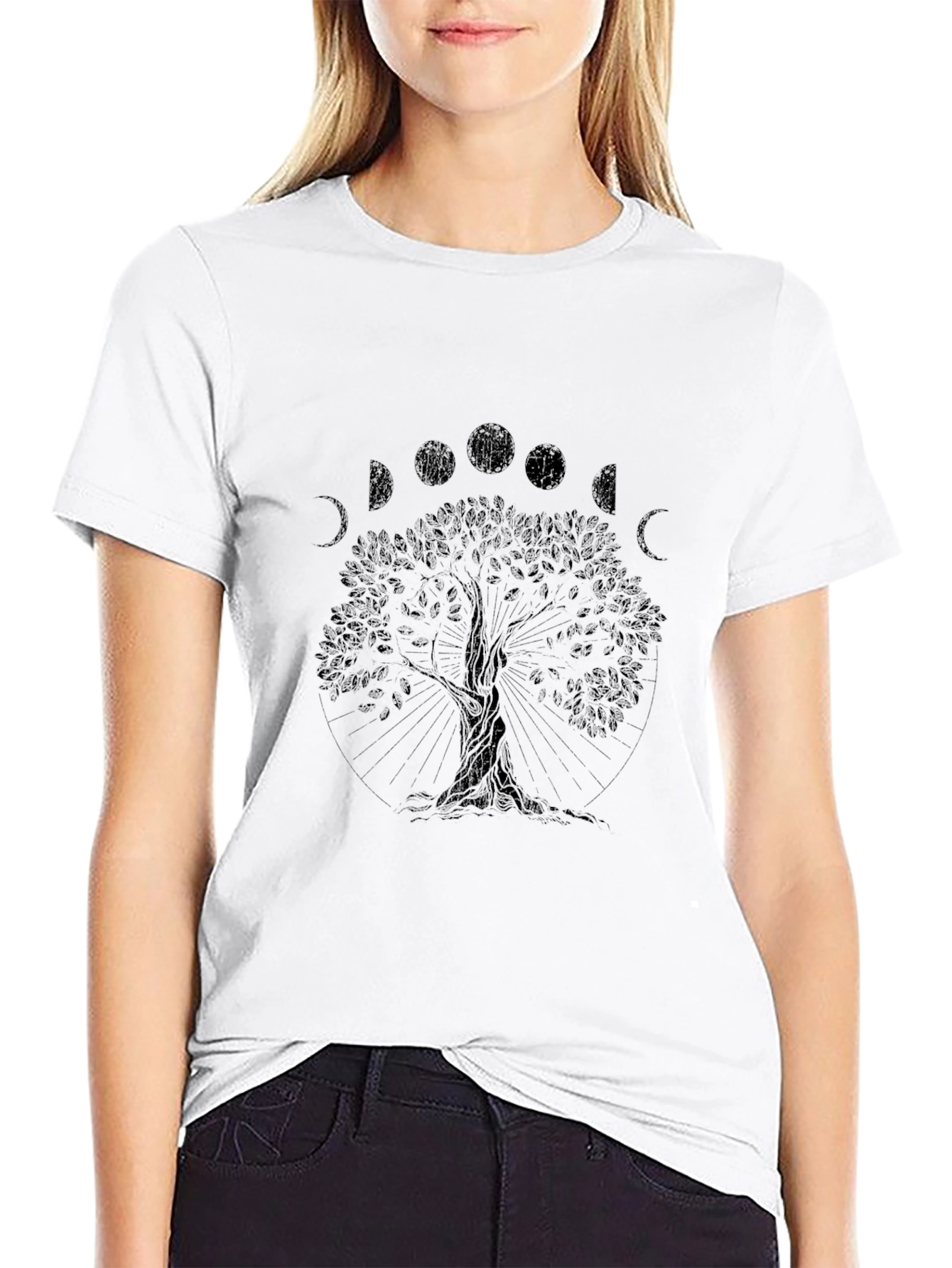 Mens Black Tree of Life Moon Phases Graphic Tee