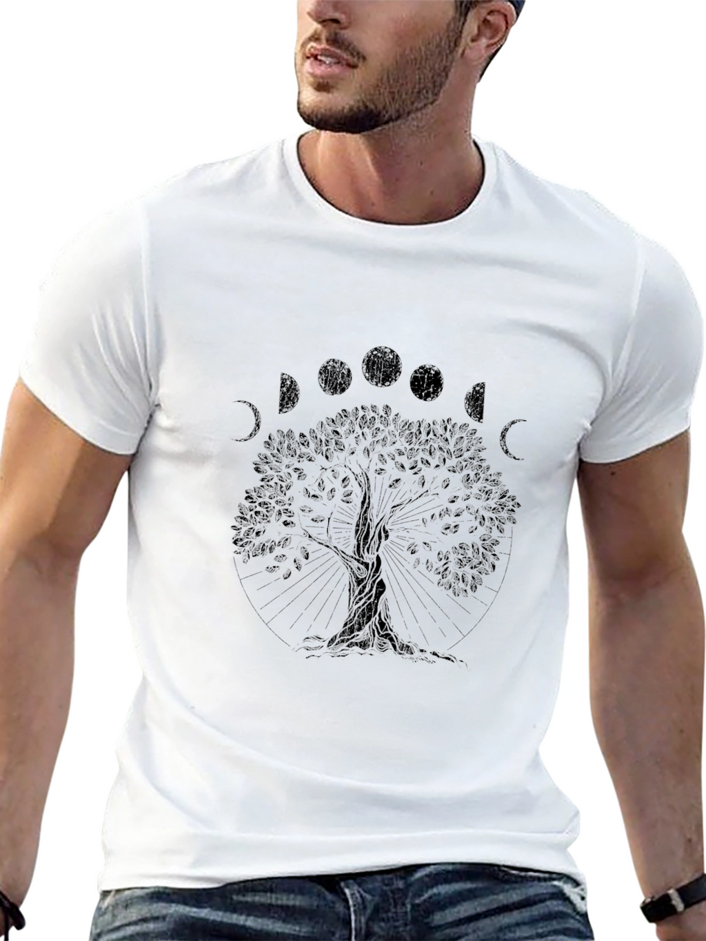 Mens Black Tree of Life Moon Phases Graphic Tee