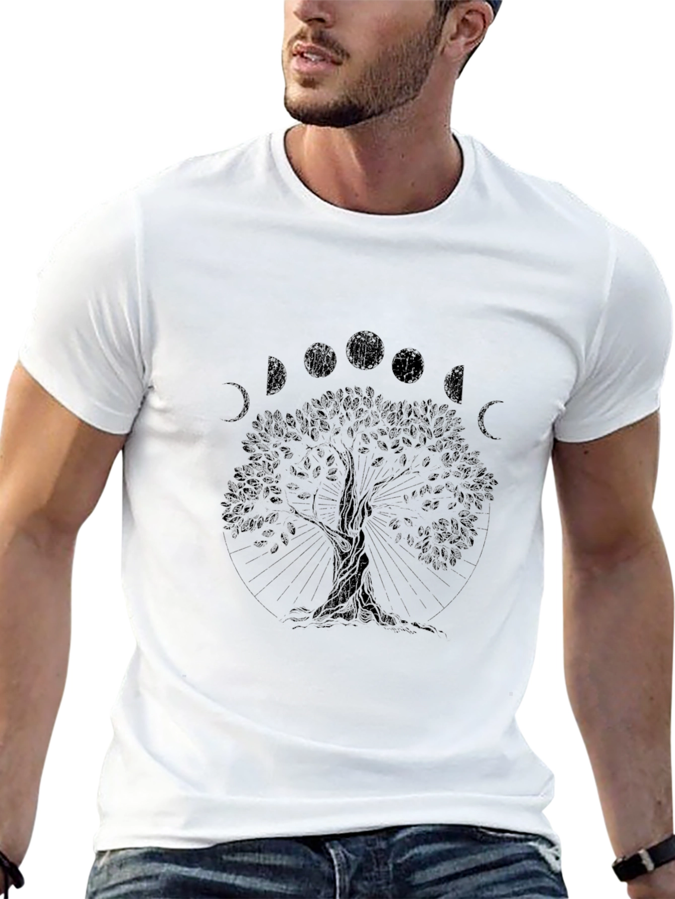 Mens Black Tree of Life Moon Phases Graphic Tee