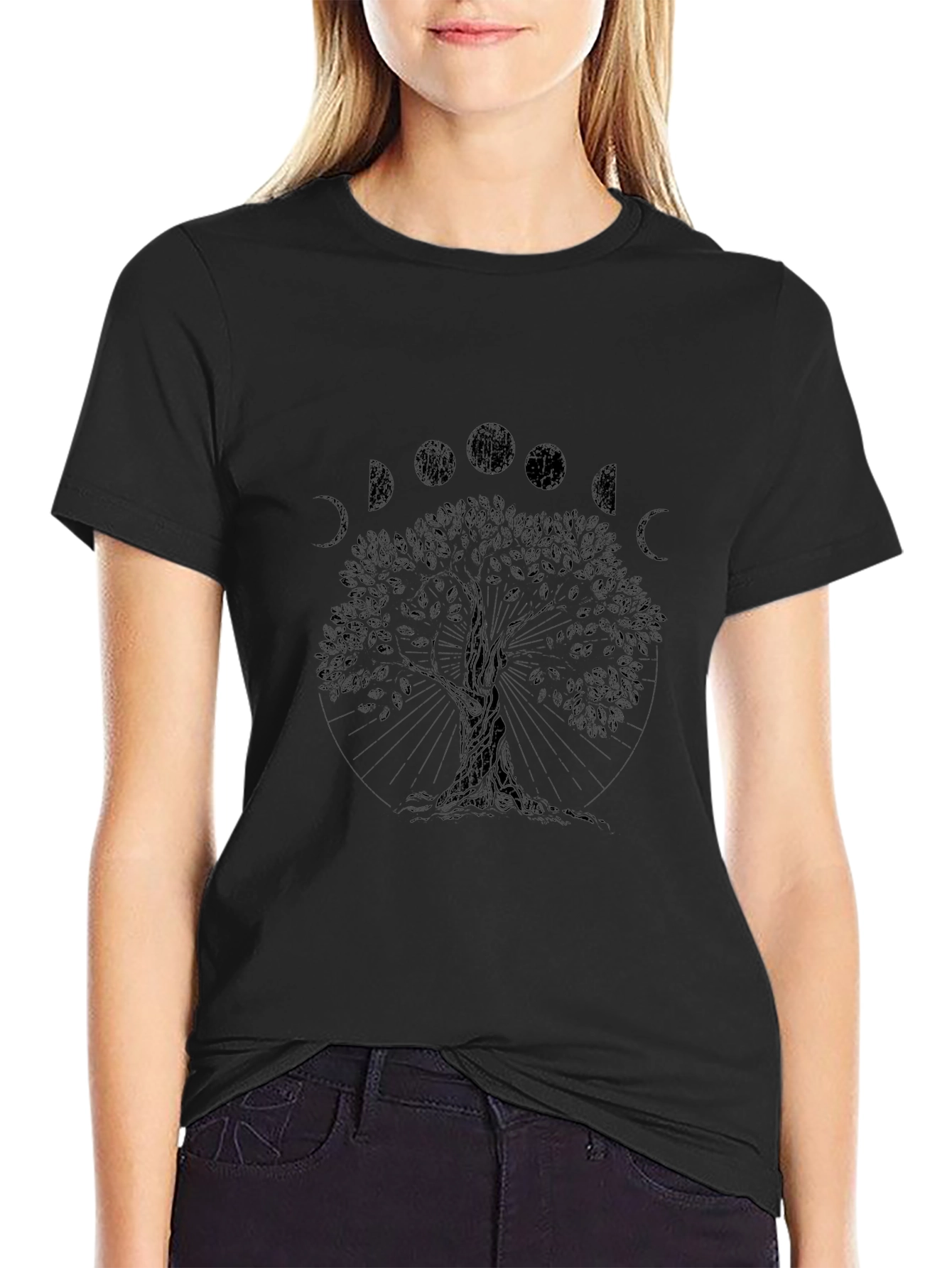 Mens Black Tree of Life Moon Phases Graphic Tee