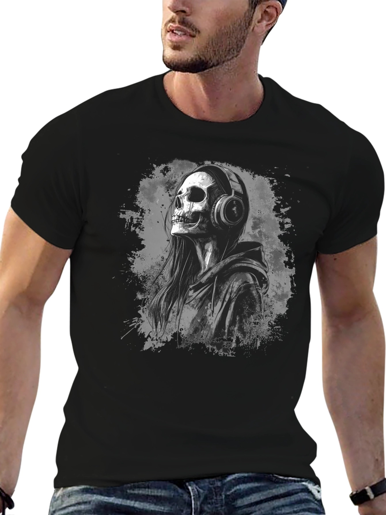 Skull in Headphones Black T-Shirt