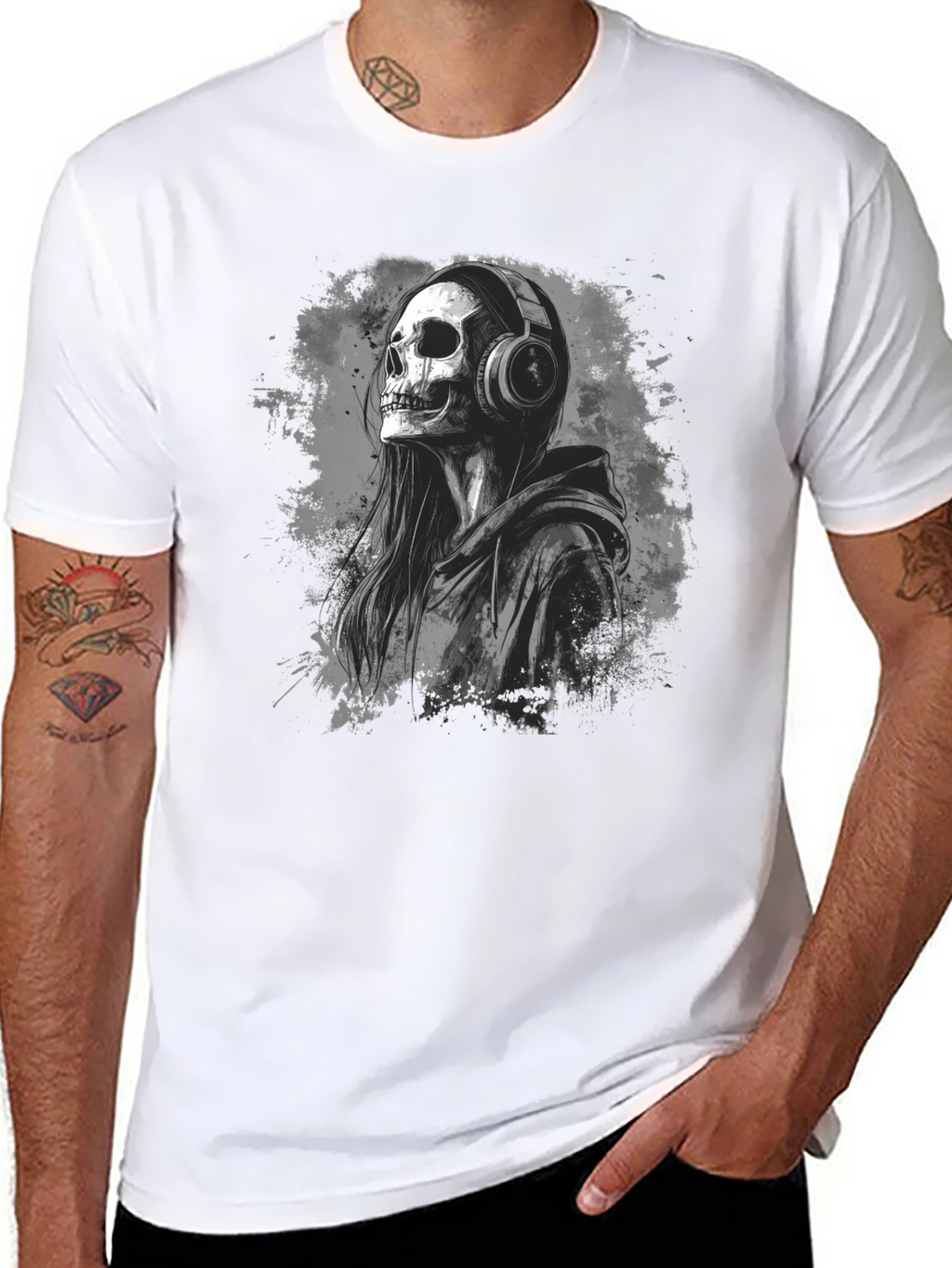 Skull in Headphones Black T-Shirt