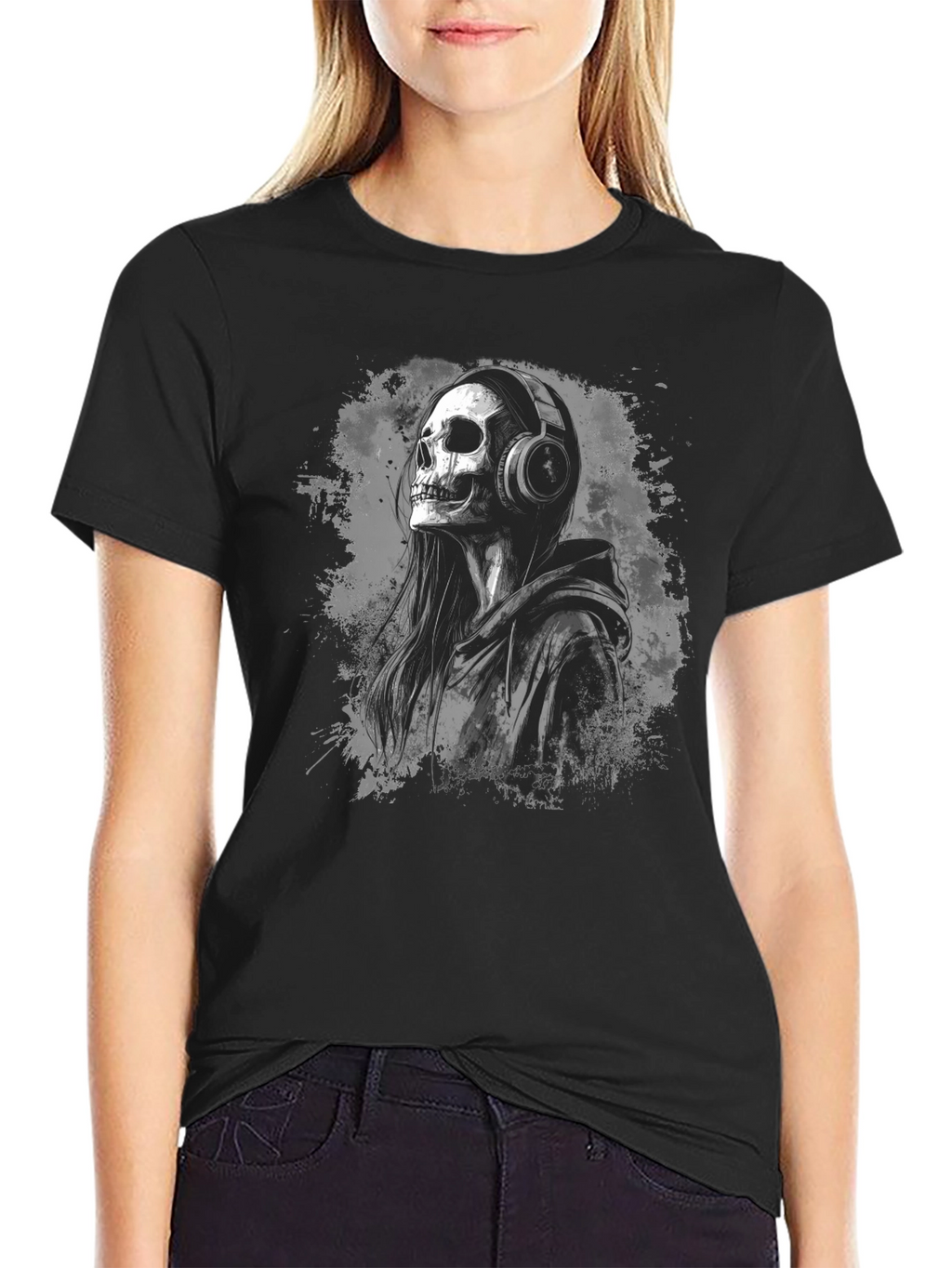 Skull in Headphones Black T-Shirt