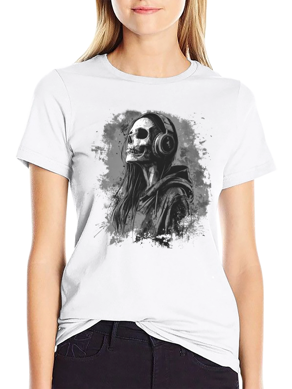 Skull in Headphones Black T-Shirt