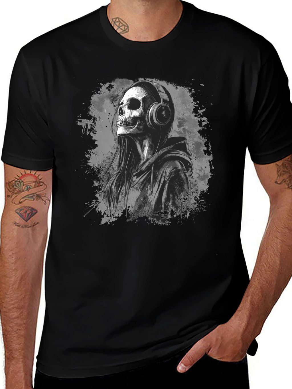 Skull in Headphones Black T-Shirt