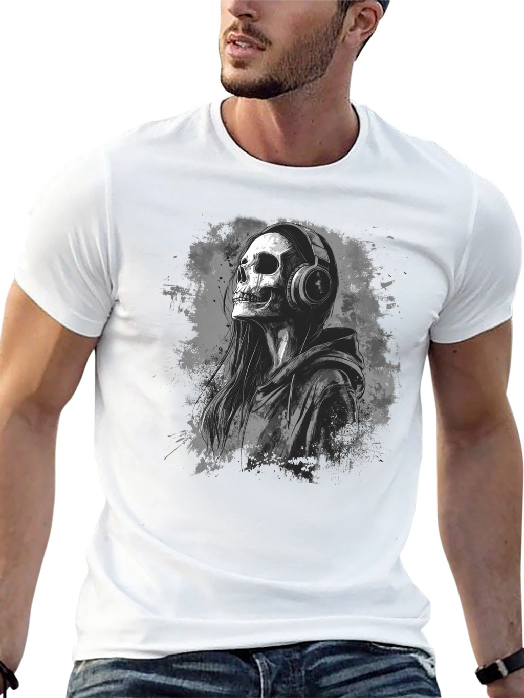 Skull in Headphones Black T-Shirt