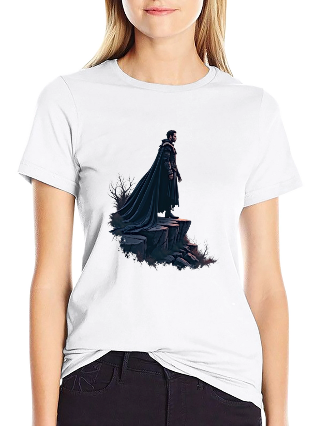 Black T-Shirt with Dramatic Cloaked Figure Graphic