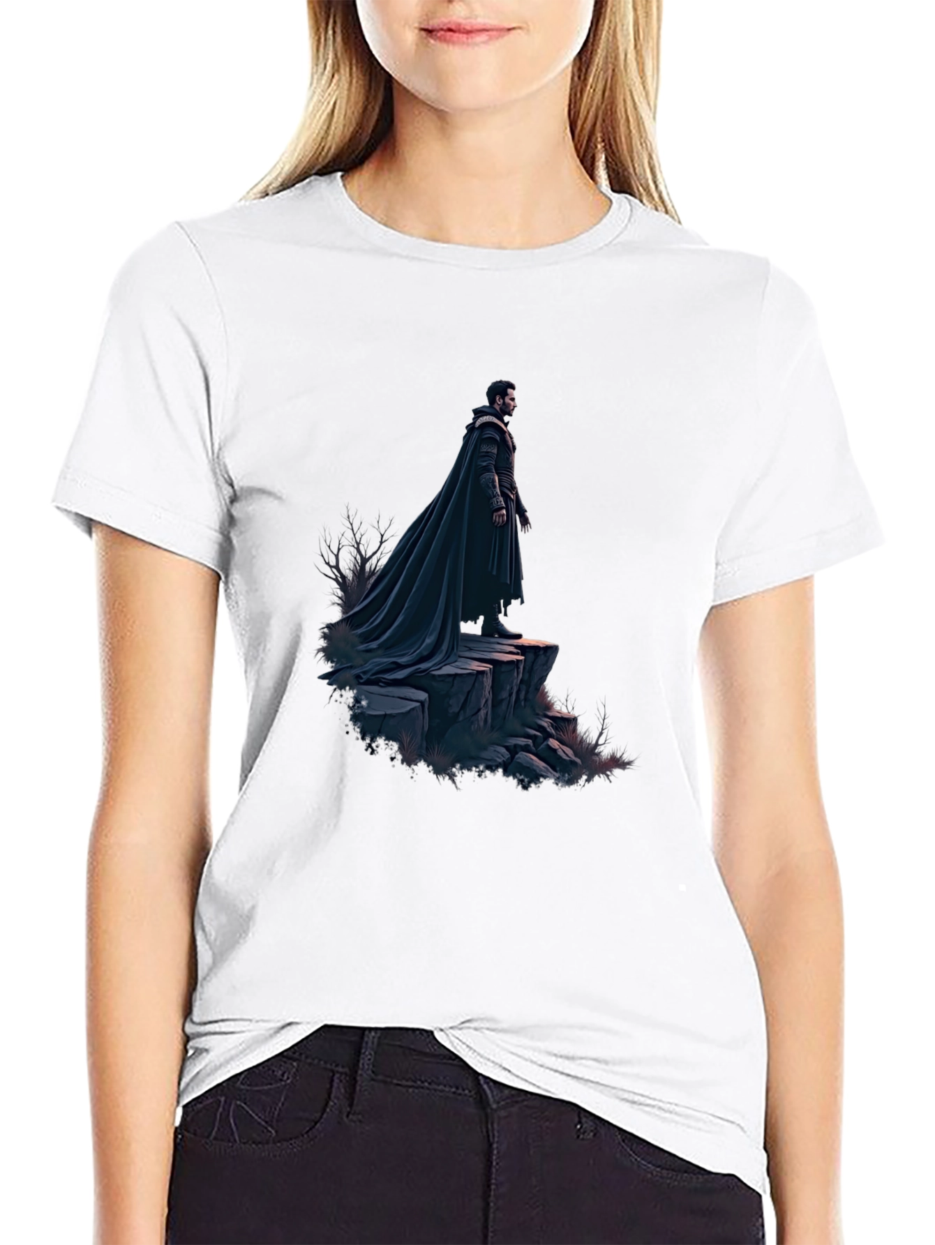 Black T-Shirt with Dramatic Cloaked Figure Graphic