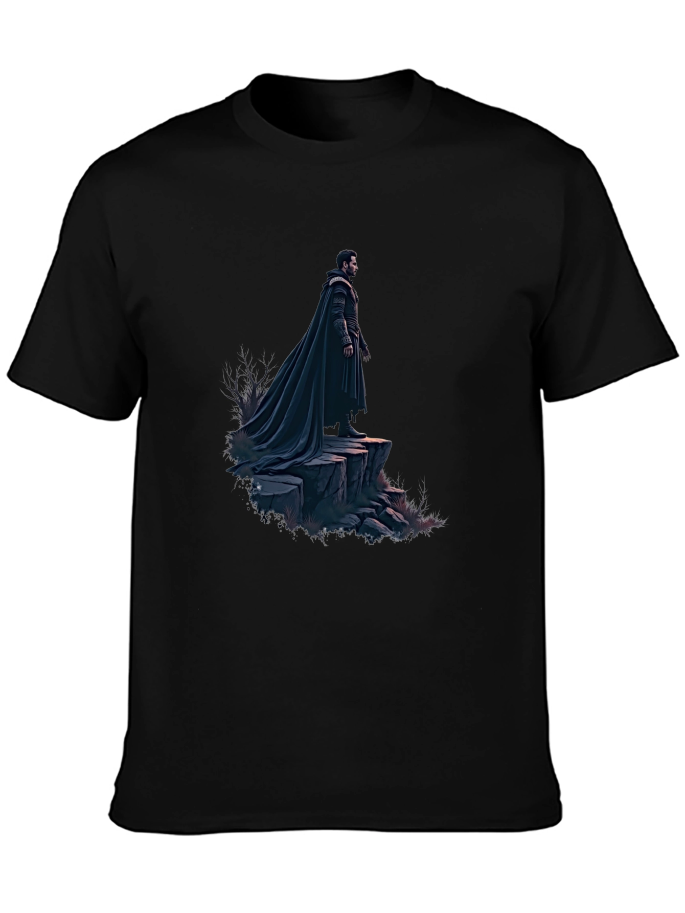 Black T-Shirt with Dramatic Cloaked Figure Graphic