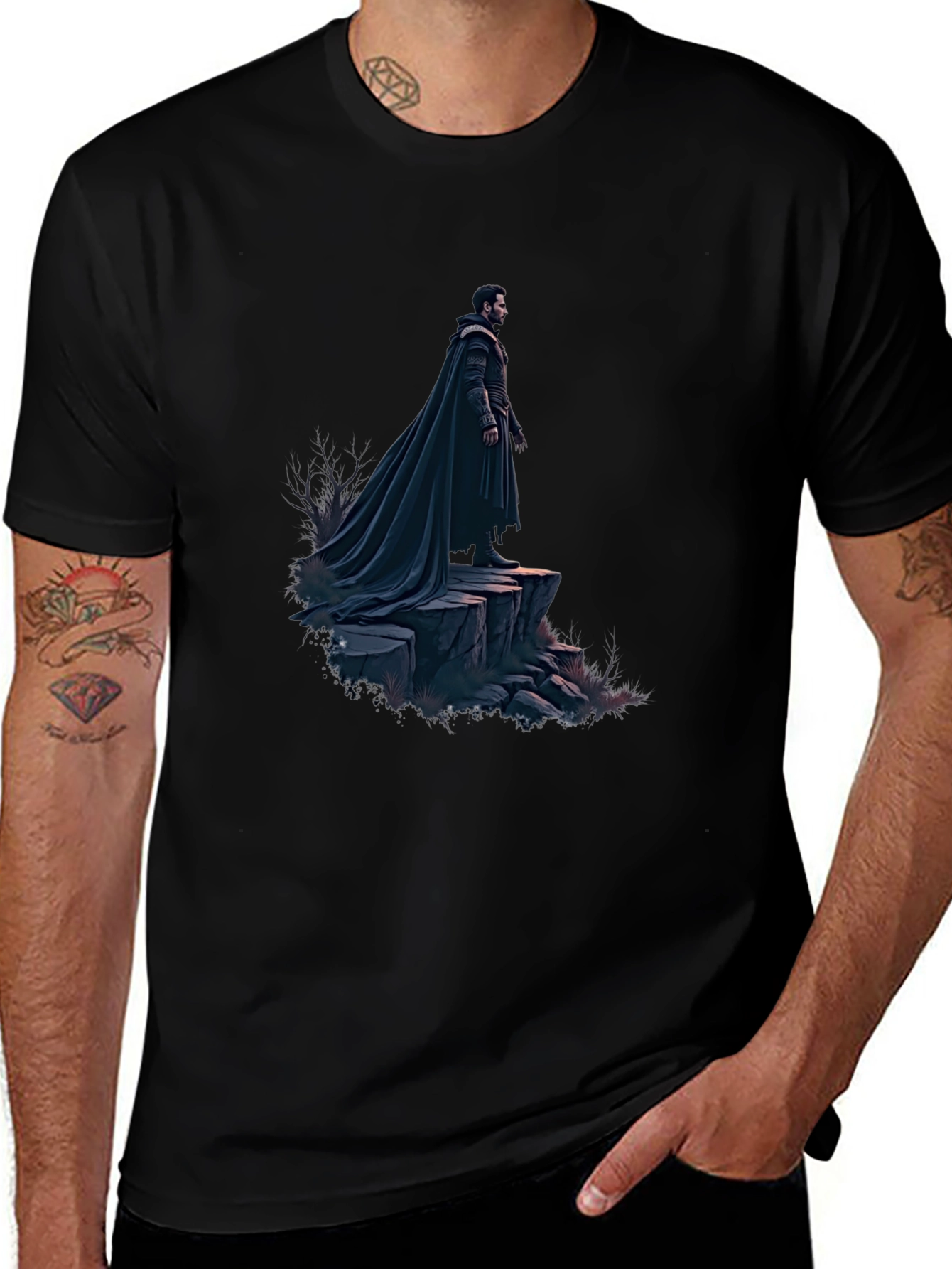 Black T-Shirt with Dramatic Cloaked Figure Graphic