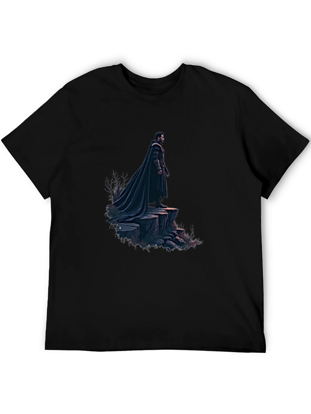 Black T-Shirt with Dramatic Cloaked Figure Graphic
