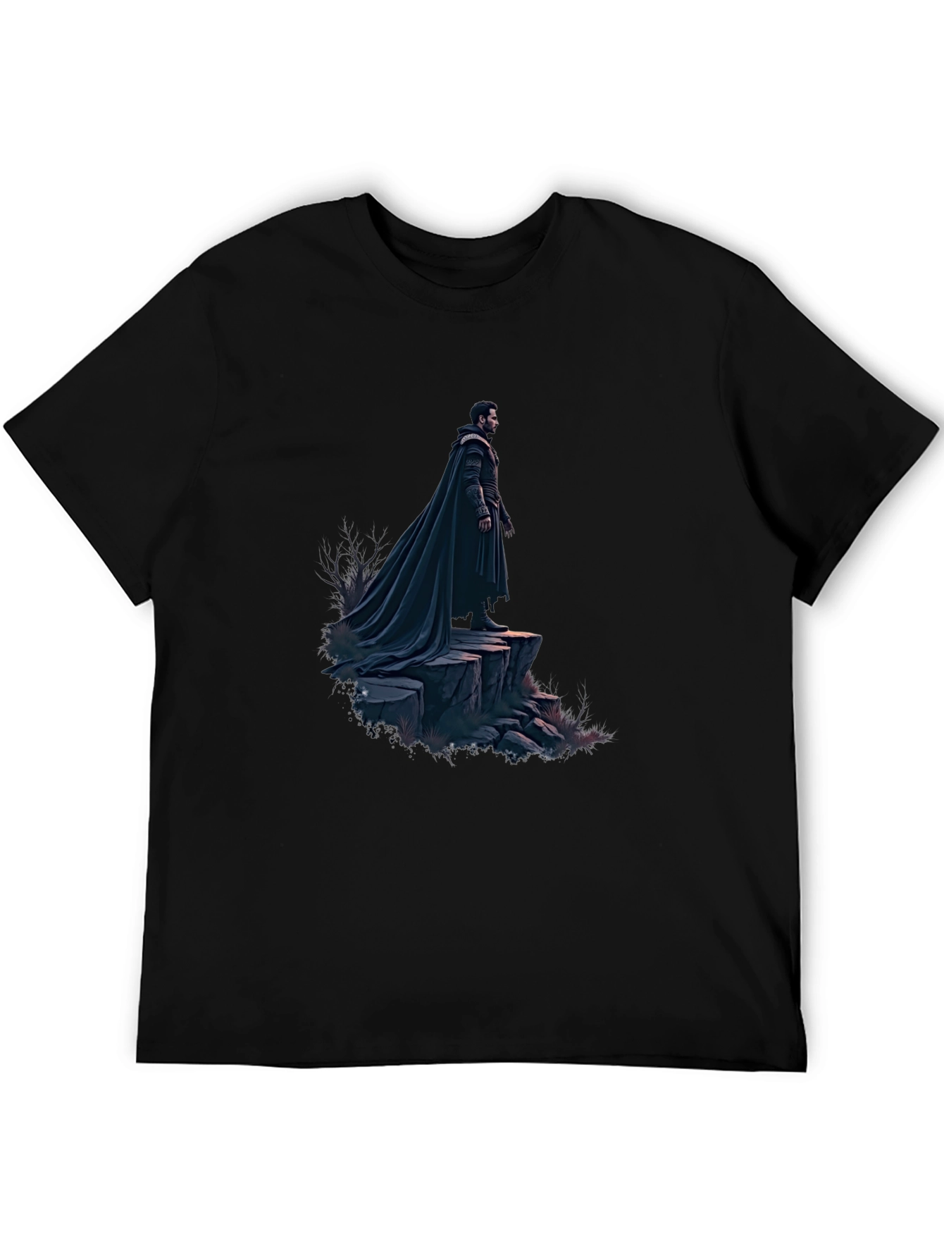 Black T-Shirt with Dramatic Cloaked Figure Graphic