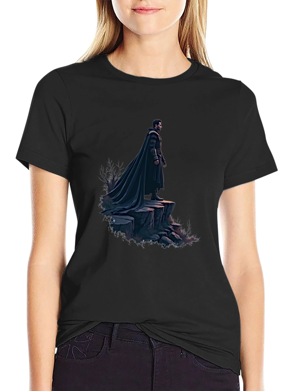 Black T-Shirt with Dramatic Cloaked Figure Graphic