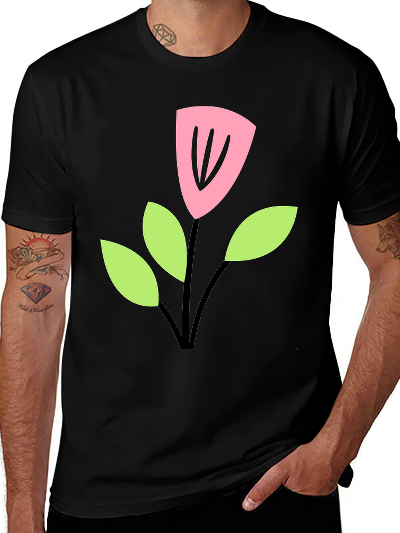 Black T-Shirt with Cartoon Flower Design