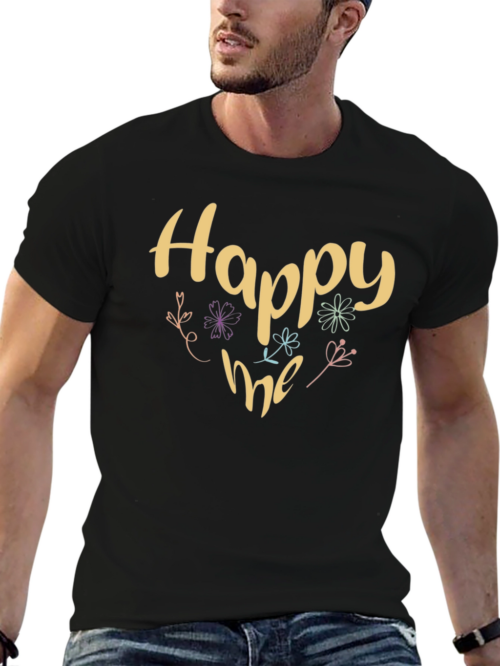 Happy Me Floral Graphic Black T-Shirt
