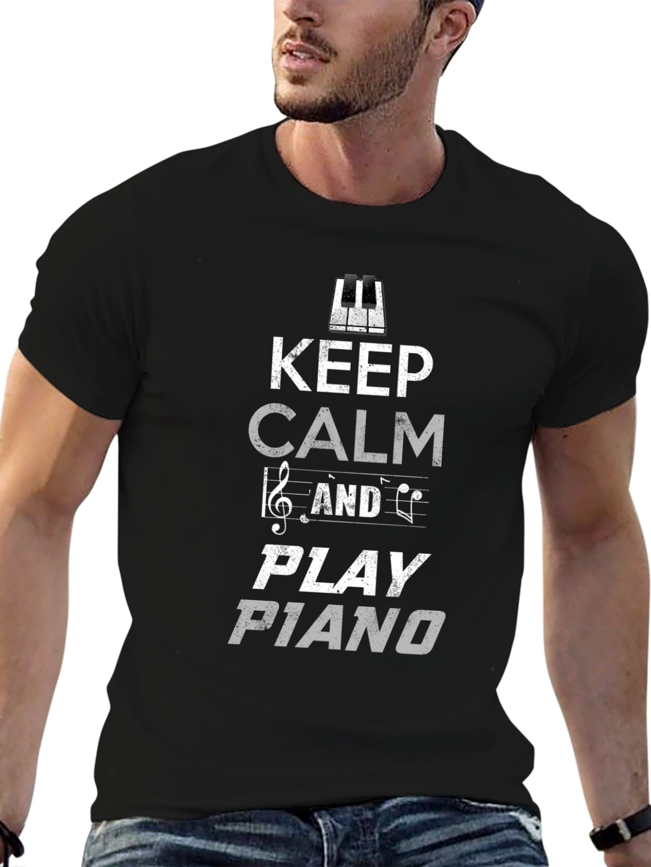 Keep Calm and Play Piano Black Graphic Tee