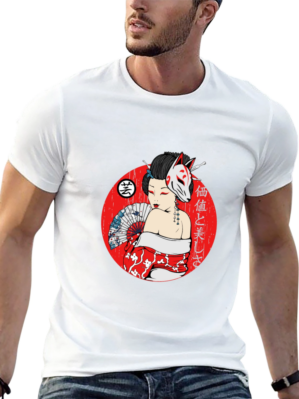 Geisha Fox Mask Graphic T-Shirt - Unique Japanese Style