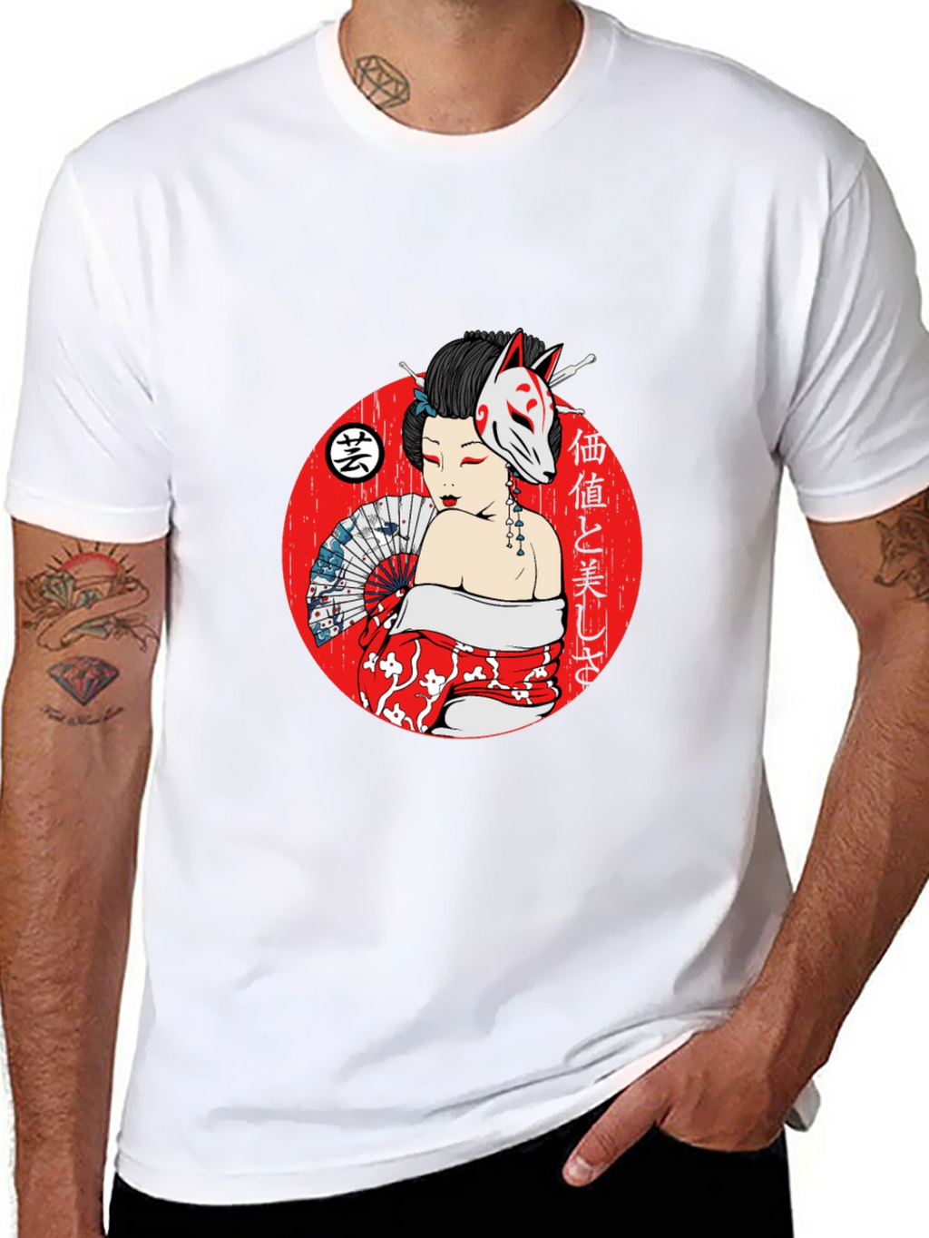 Geisha Fox Mask Graphic T-Shirt - Unique Japanese Style