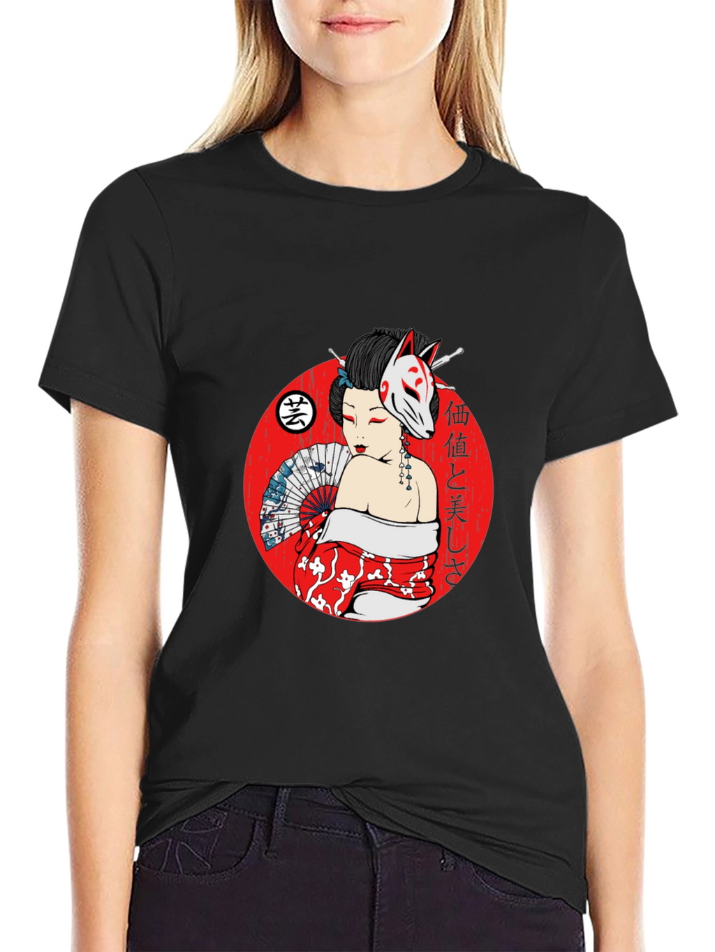 Geisha Fox Mask Graphic T-Shirt - Unique Japanese Style