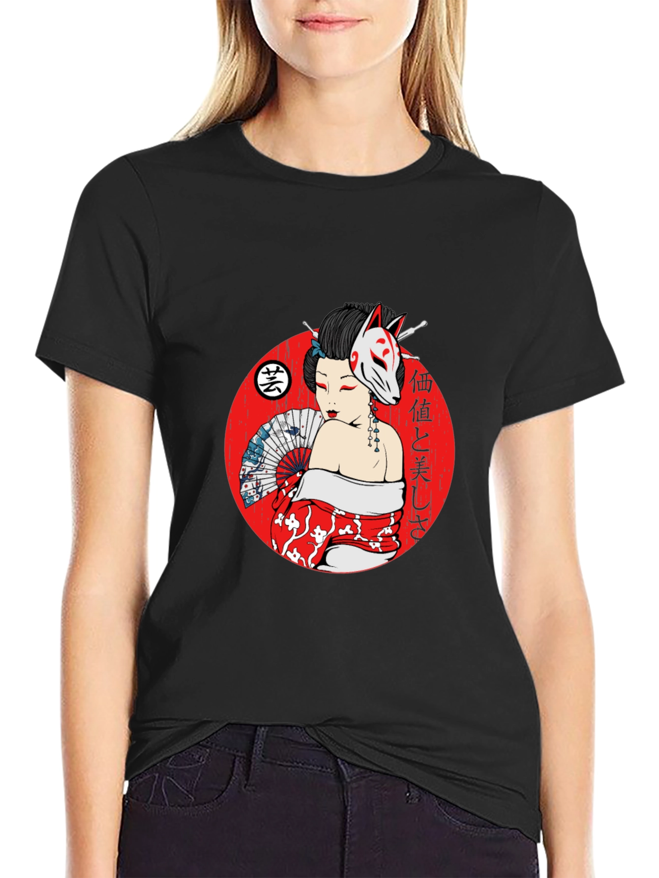 Geisha Fox Mask Graphic T-Shirt - Unique Japanese Style