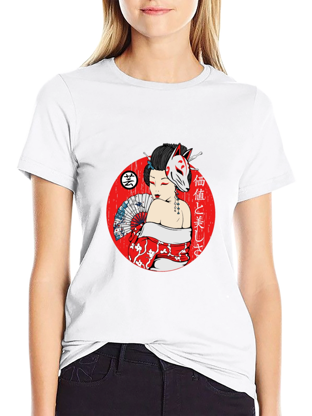 Geisha Fox Mask Graphic T-Shirt - Unique Japanese Style