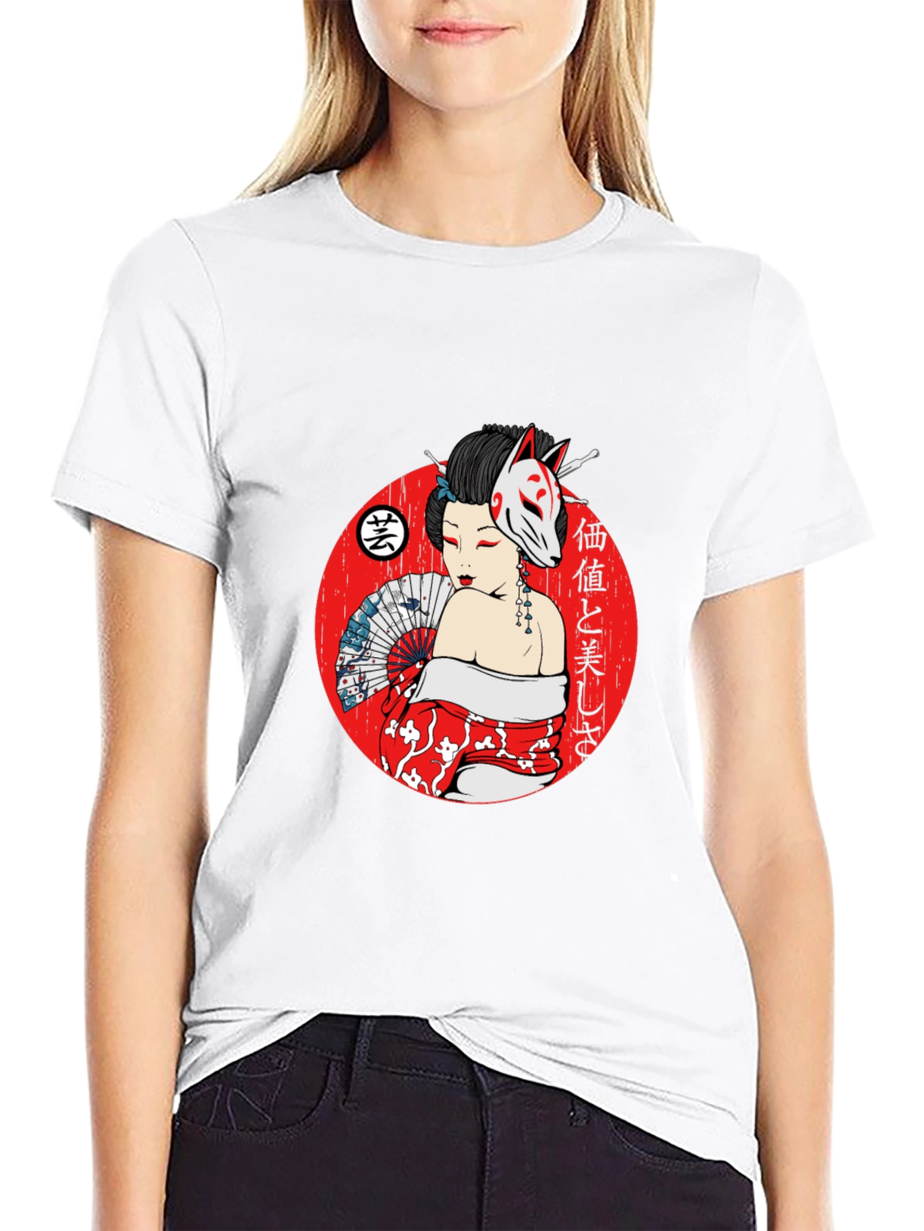 Geisha Fox Mask Graphic T-Shirt - Unique Japanese Style
