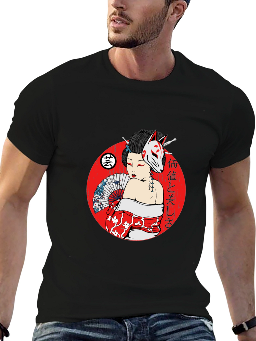 Geisha Fox Mask Graphic T-Shirt - Unique Japanese Style