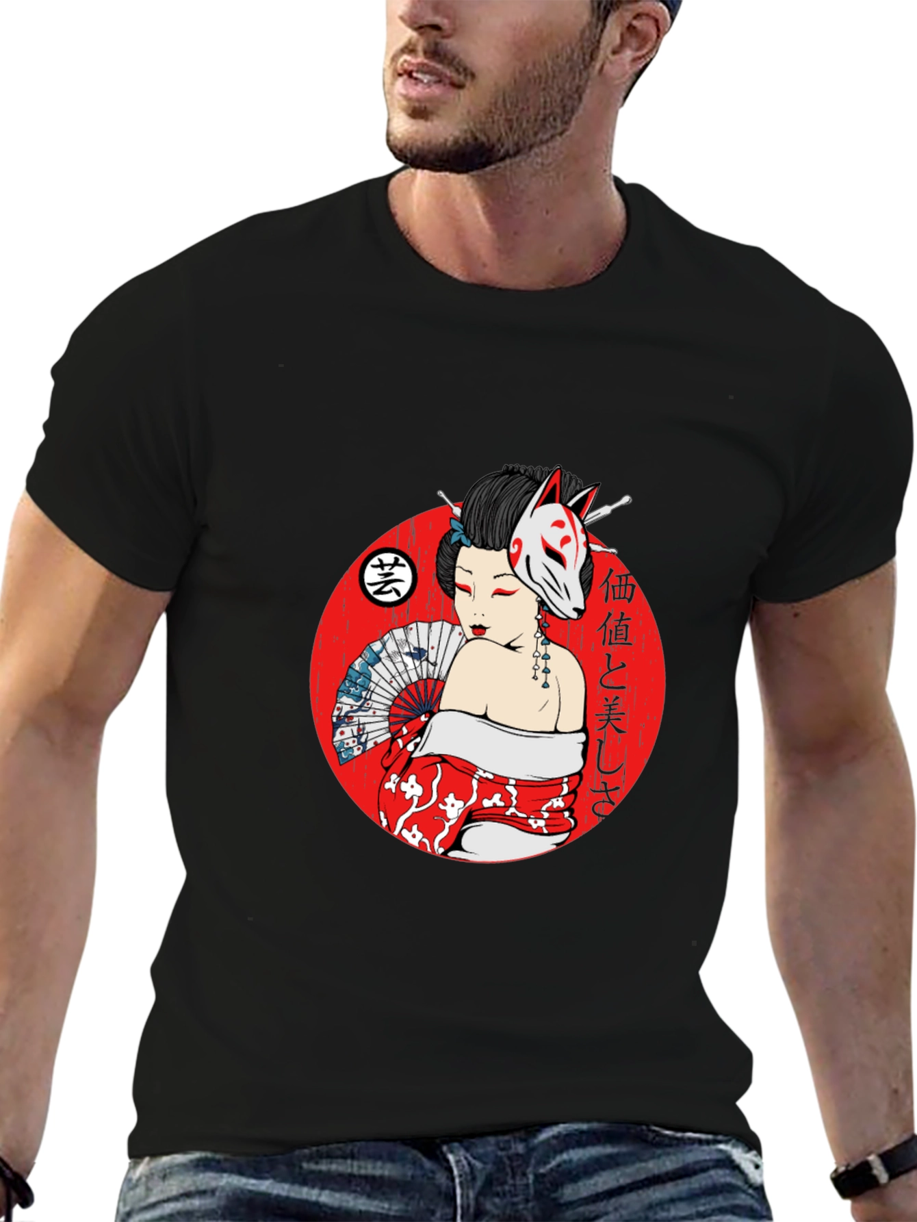 Geisha Fox Mask Graphic T-Shirt - Unique Japanese Style