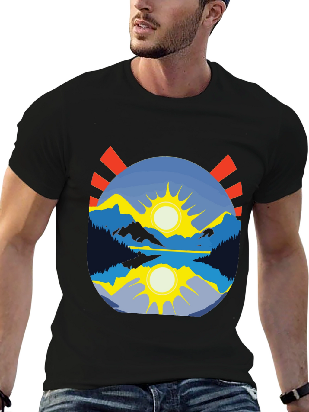 Mountain Lake Sunrise Graphic Tee - Black Cotton Blend