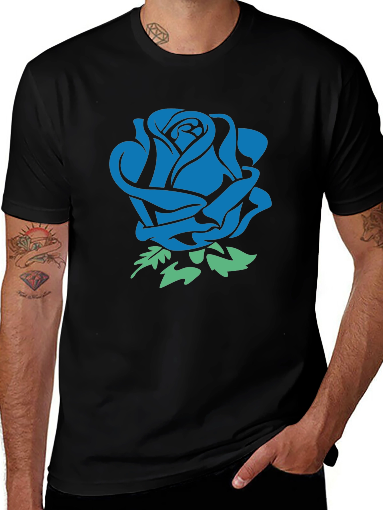 Blue Rose Graphic Black T-Shirt