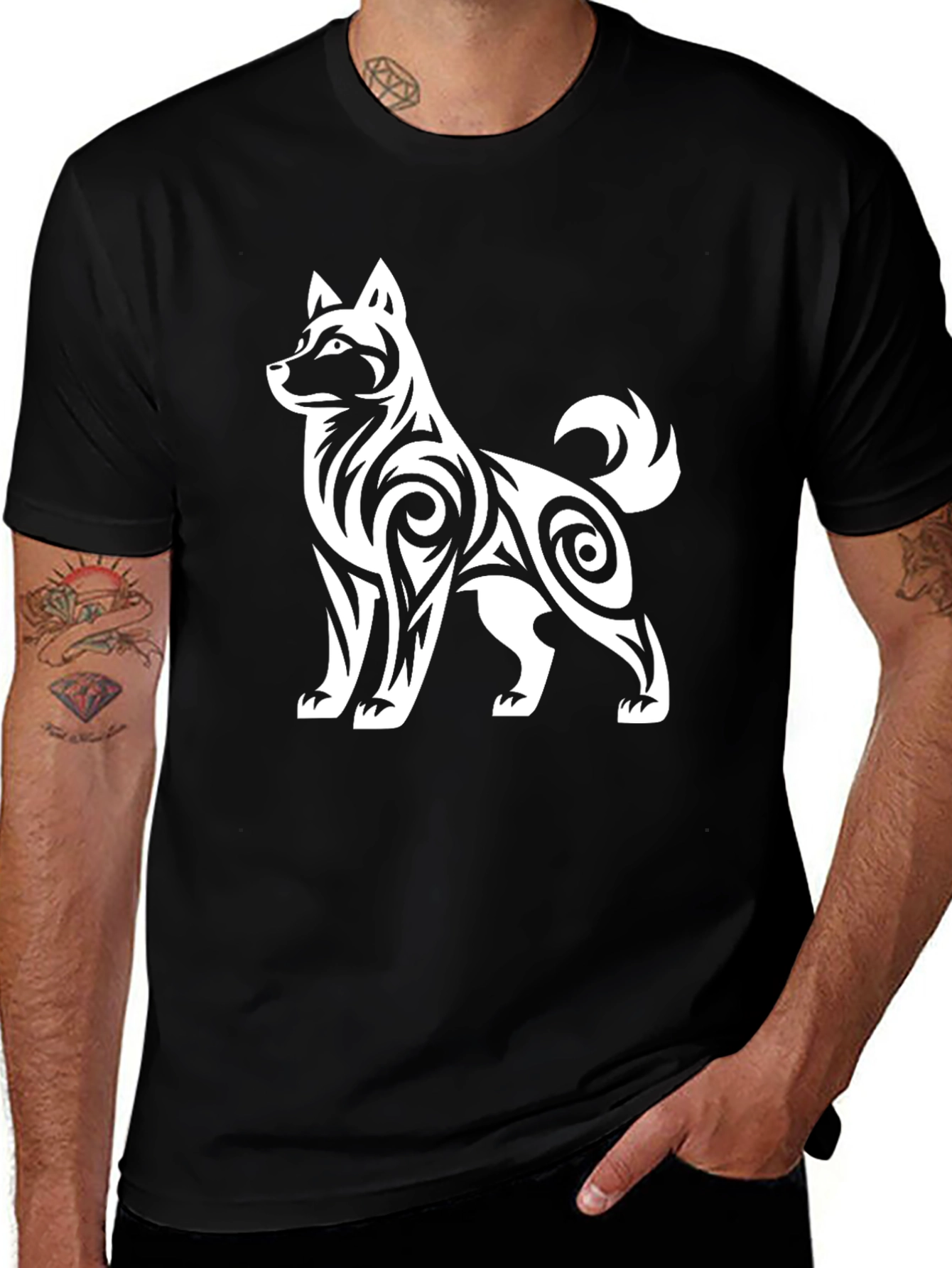 Mens Tribal Dog Graphic Black T-Shirt