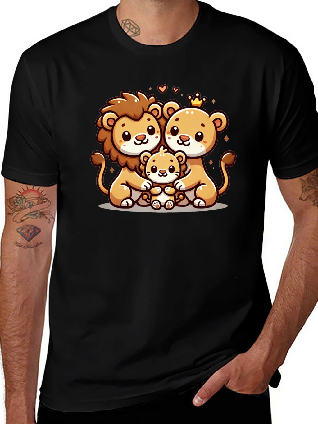 Cute Lion Family Graphic Tee - Black