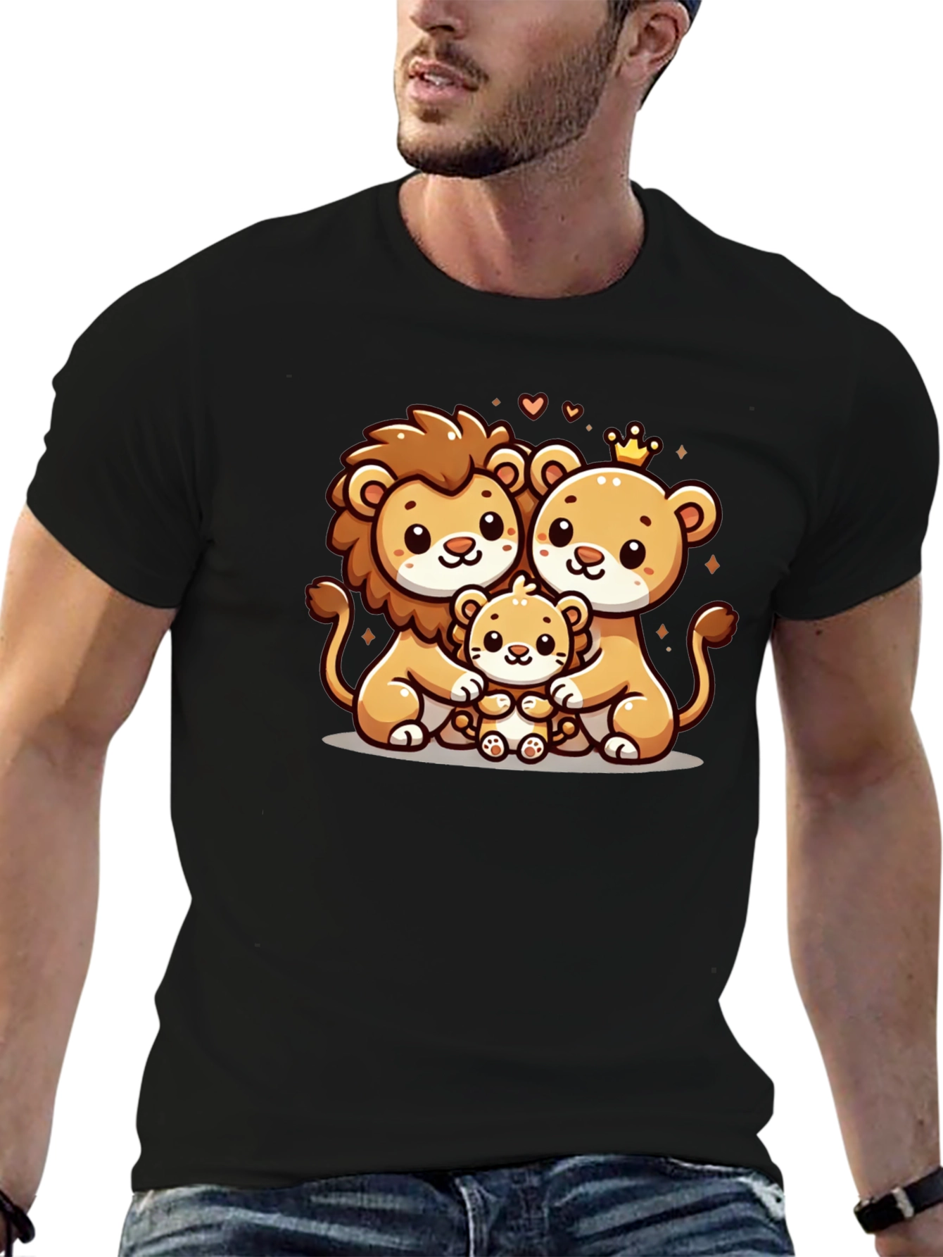 Cute Lion Family Graphic Tee - Black