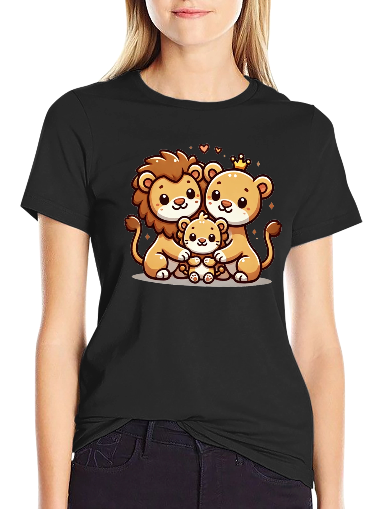 Cute Lion Family Graphic Tee - Black