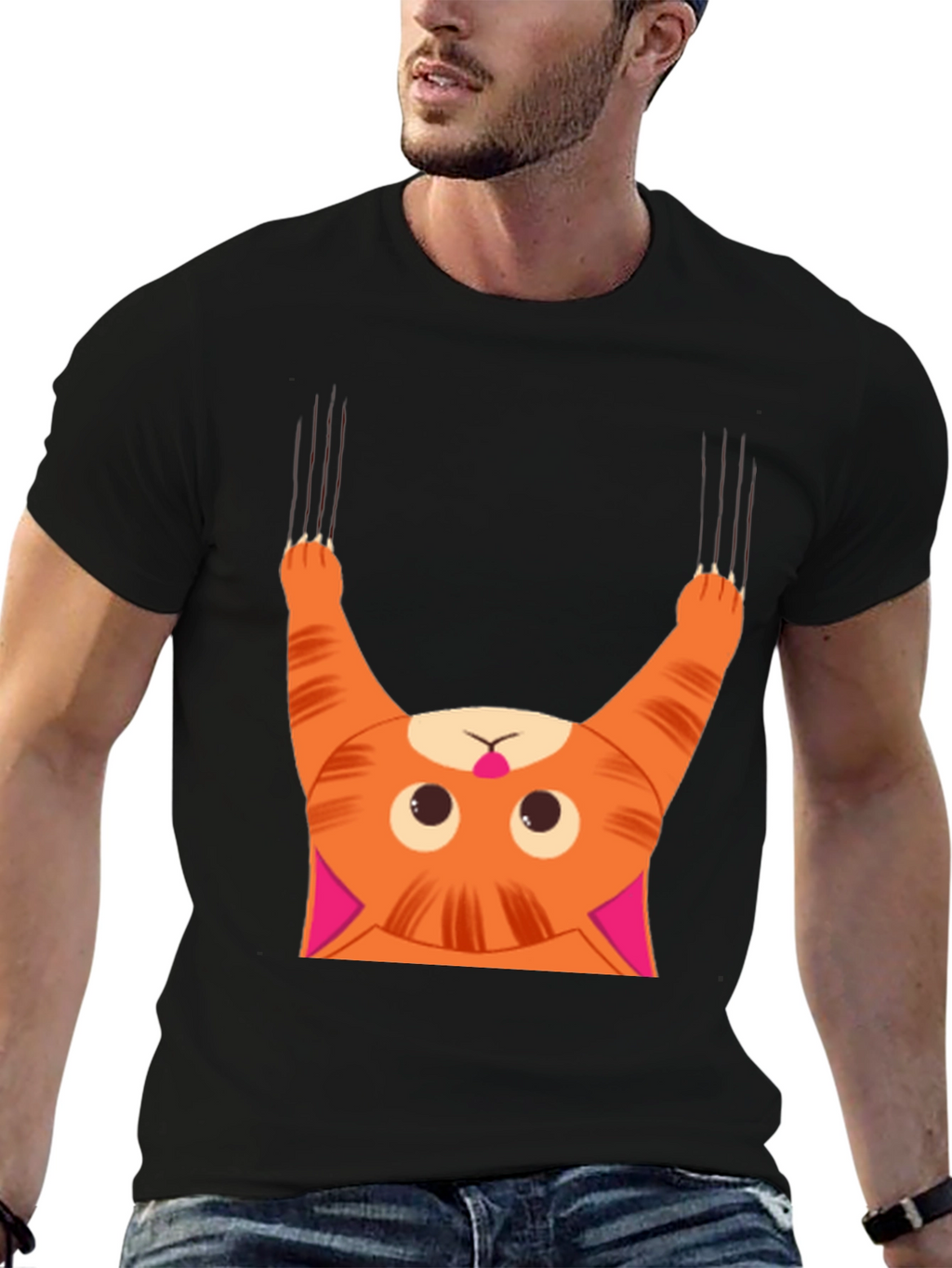 Funny Cat Scratching Black T-Shirt