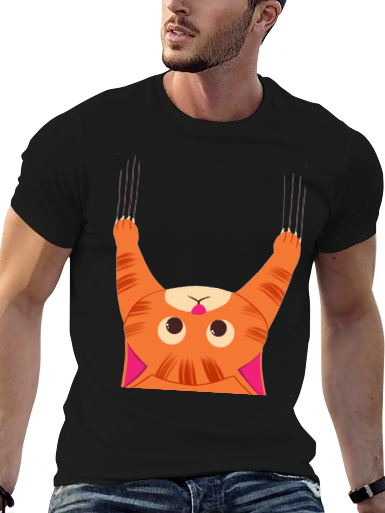 Funny Cat Scratching Black T-Shirt