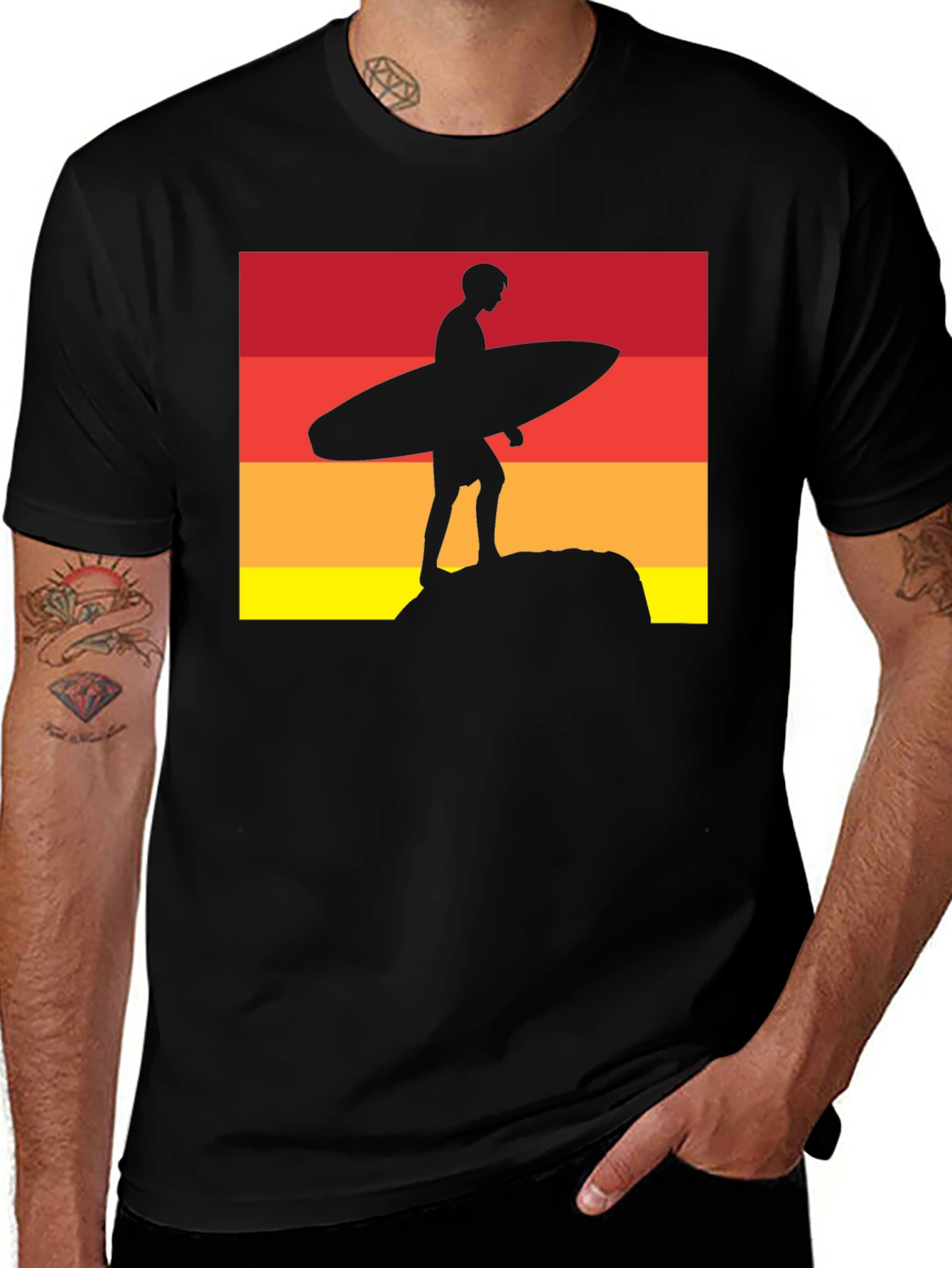 Sunset Surfer Graphic Tee - Black Cotton T-Shirt