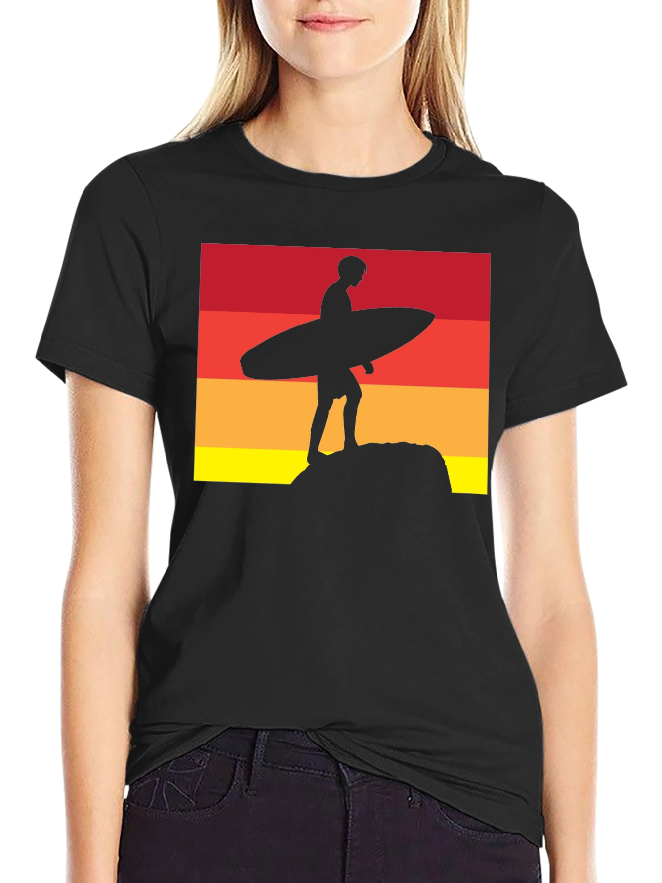 Sunset Surfer Graphic Tee - Black Cotton T-Shirt