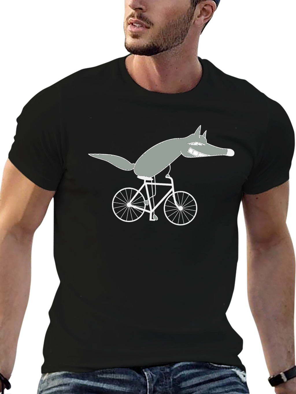 Wolf on Bike Black Tee - Quirky Cartoon Design