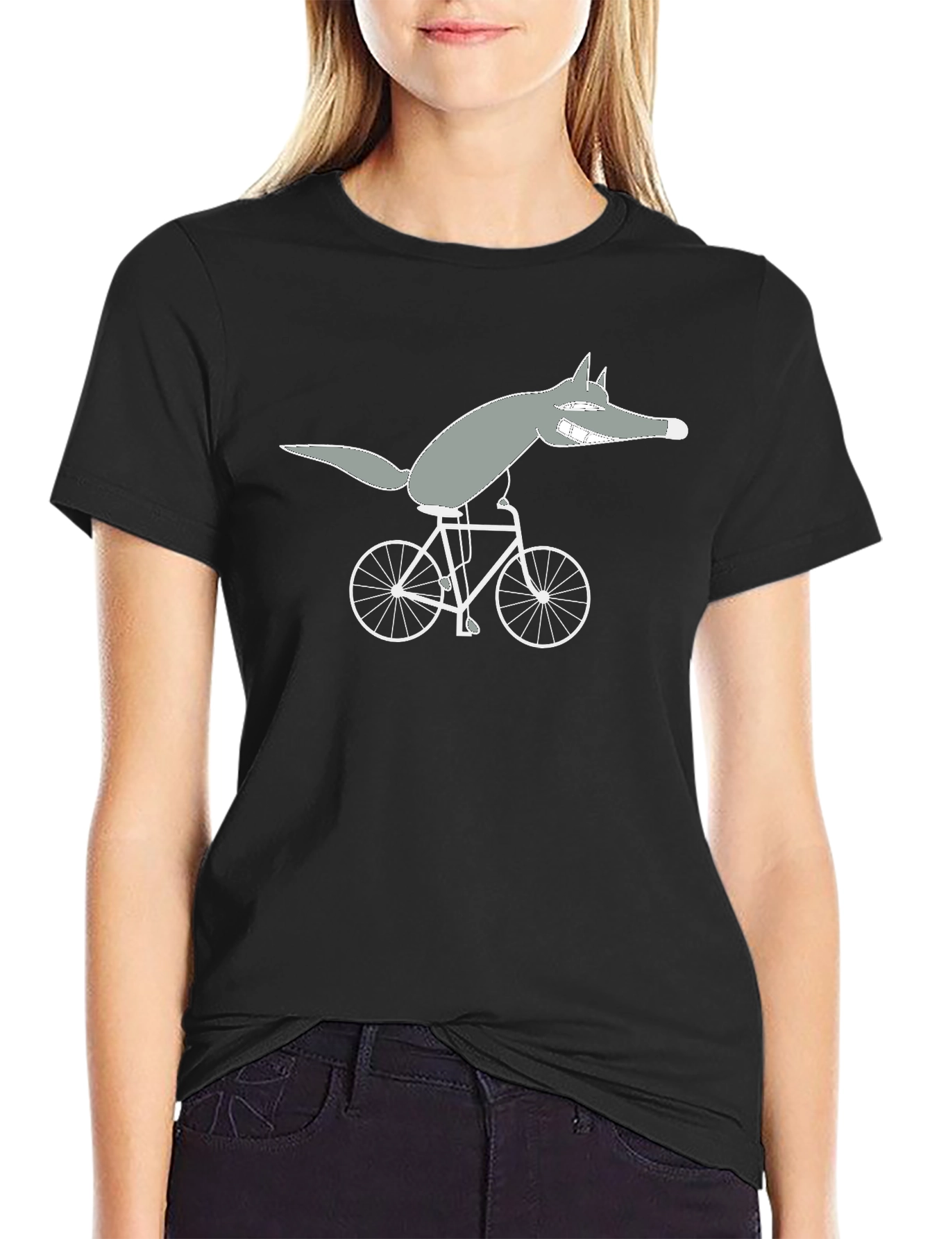 Wolf on Bike Black Tee - Quirky Cartoon Design